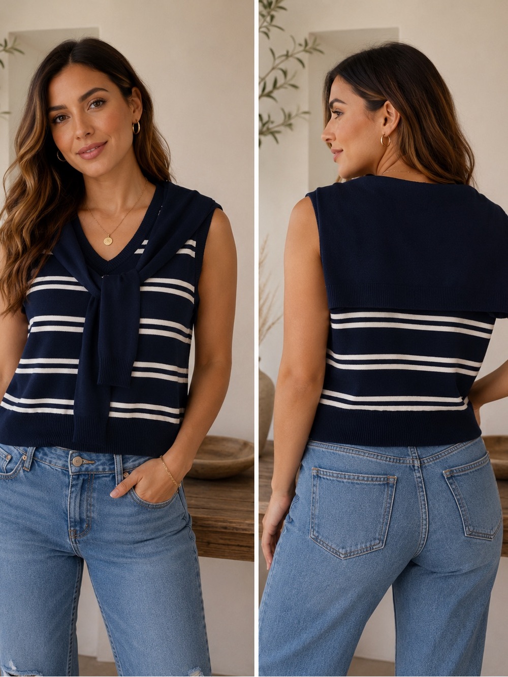 Halogen Navy and Cream Striped V-Neck Sleeveless Sweater Vest